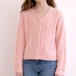 Girls Pink Cable Knit Cardigan | V-Neck Button Front Sweater | Size 10